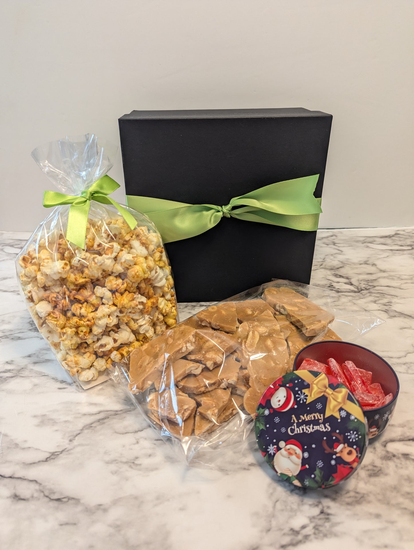 Homemade Caramel Corn, Peanut Brittle, Cinnamon Candy Gift Box