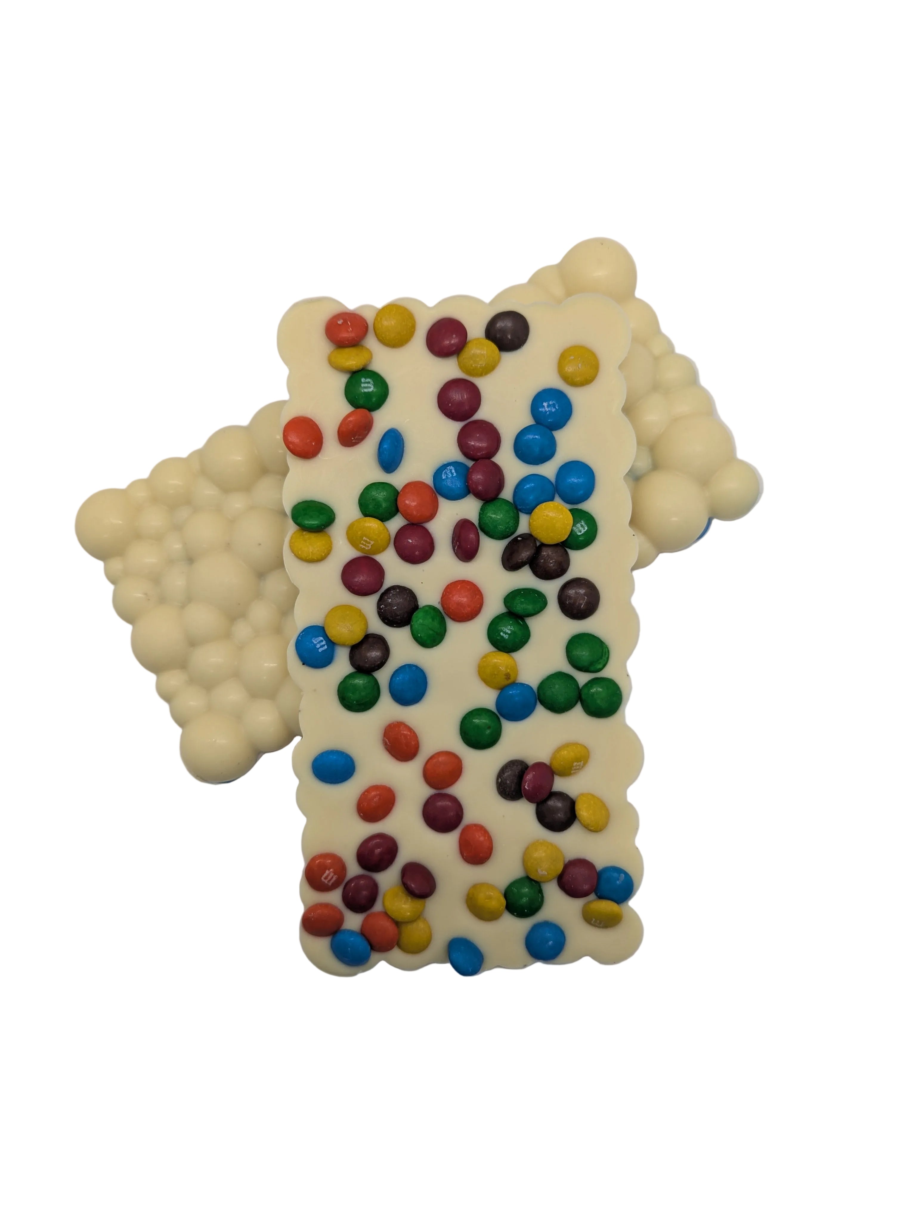 Candy Coated Chocolate on White Chocolate Bar