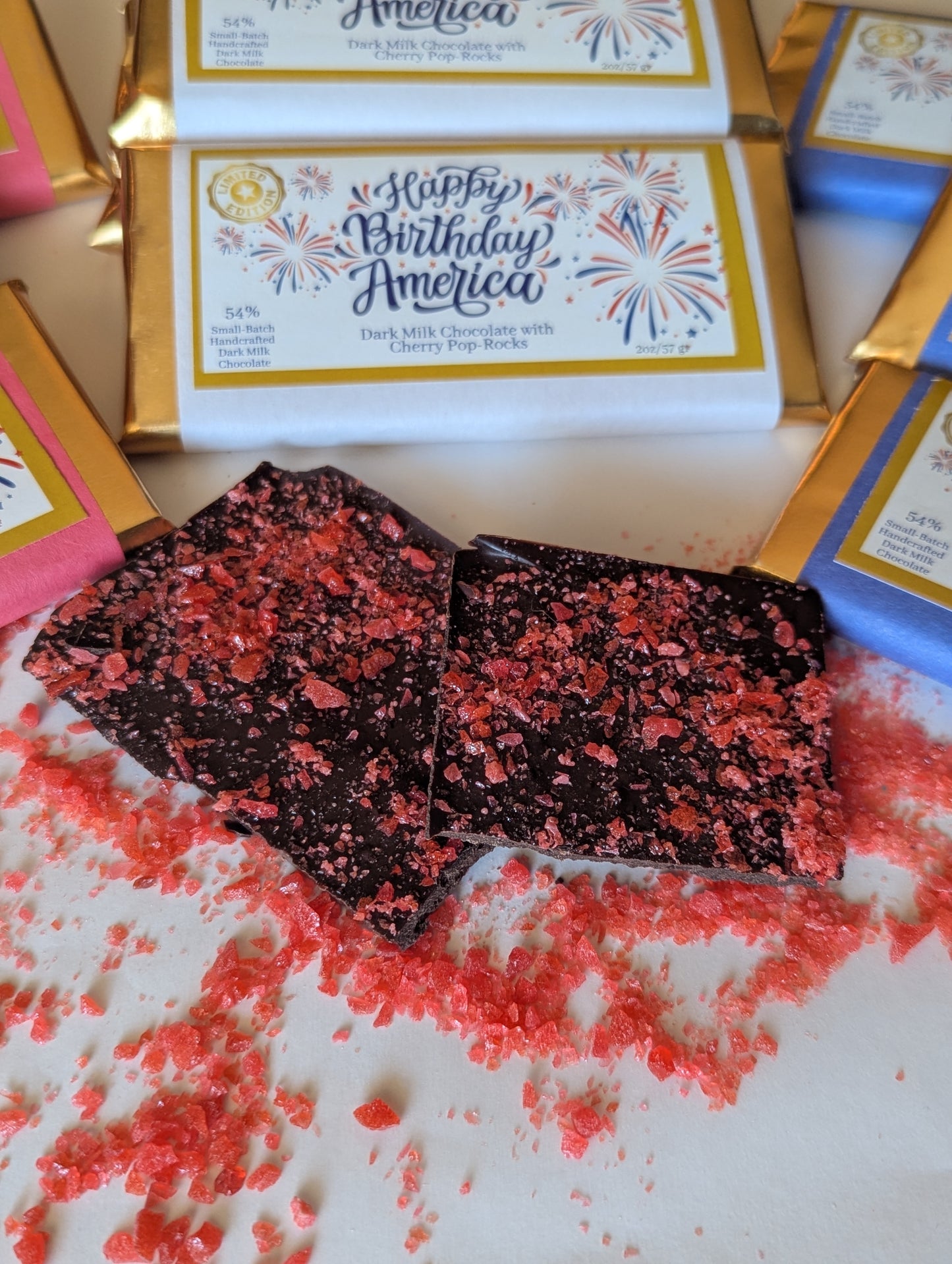 Happy Birthday America Artisan Chocolate Bar/ Cherry Pop Rocks